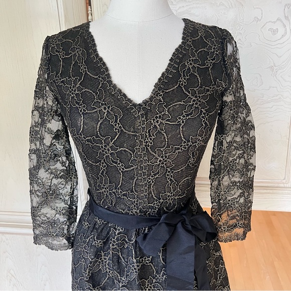 DKNY Metallic Lace Overlay V-Neck Dress With Sheer Sleeves - Picture 9 of 16